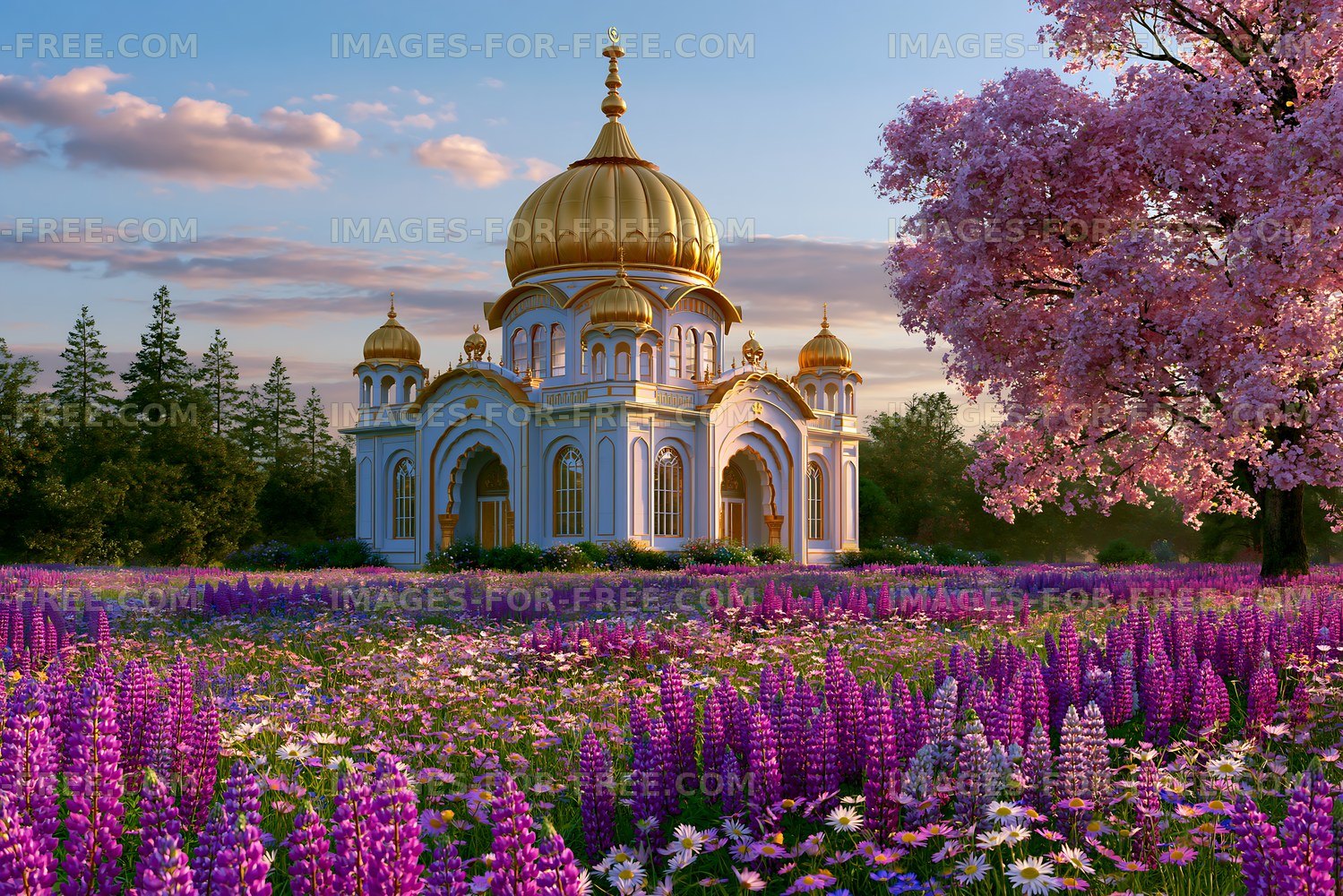 Colorful flowers surround a mosque with golden dome at sunset