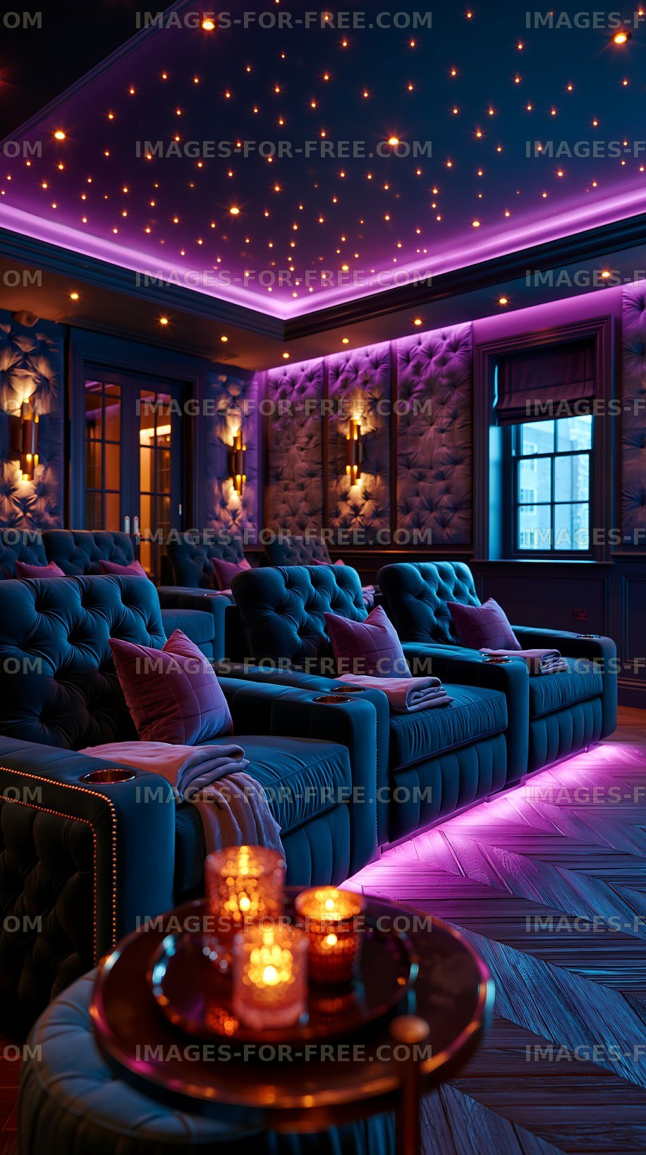 Luxury home theater with plush seating and colorful lighting