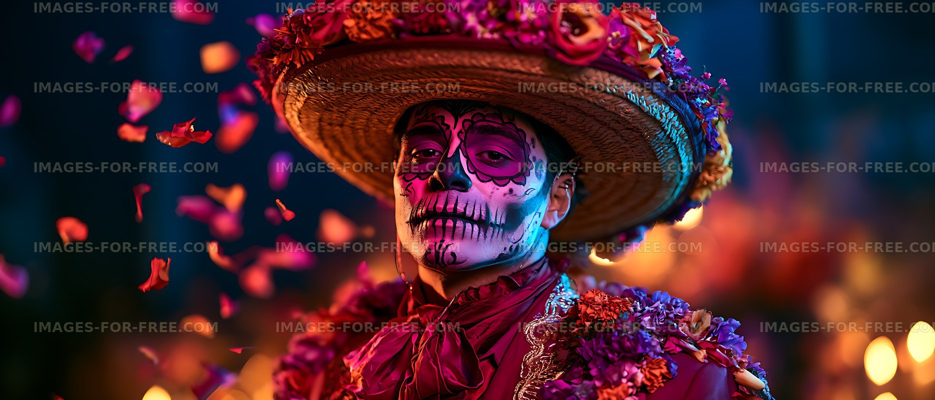 Celebration of Day of the Dead with colorful costumes and makeup