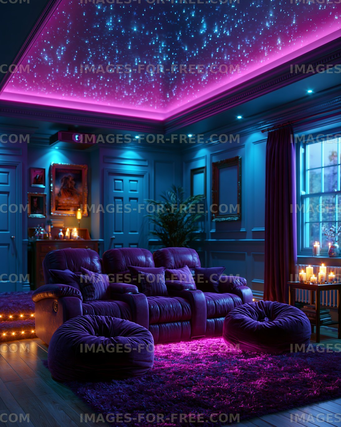 Cozy room with neon lights and plush seating