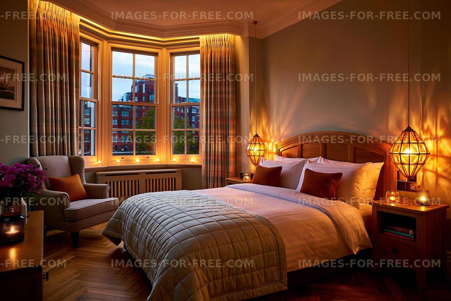 Modern bedroom with warm lighting and large windows at dusk