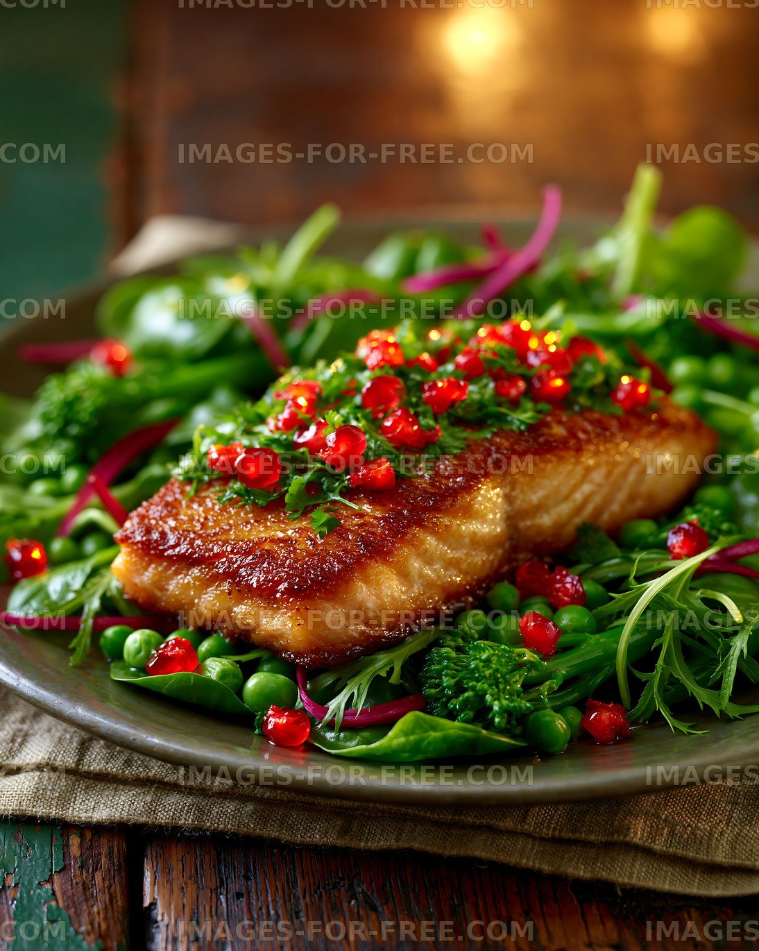 Freshly cooked salmon fillet served on a bed of green vegetables
