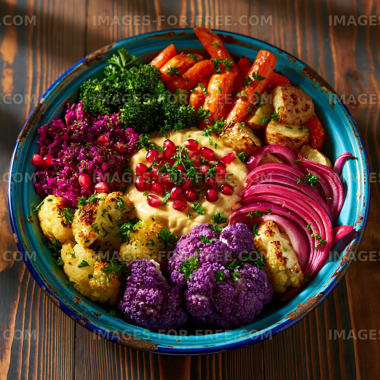 Colorful vegetable platter with hummus and garnishes