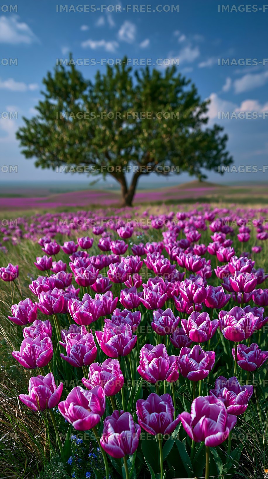 Field of pink tulips with a tree under a blue sky