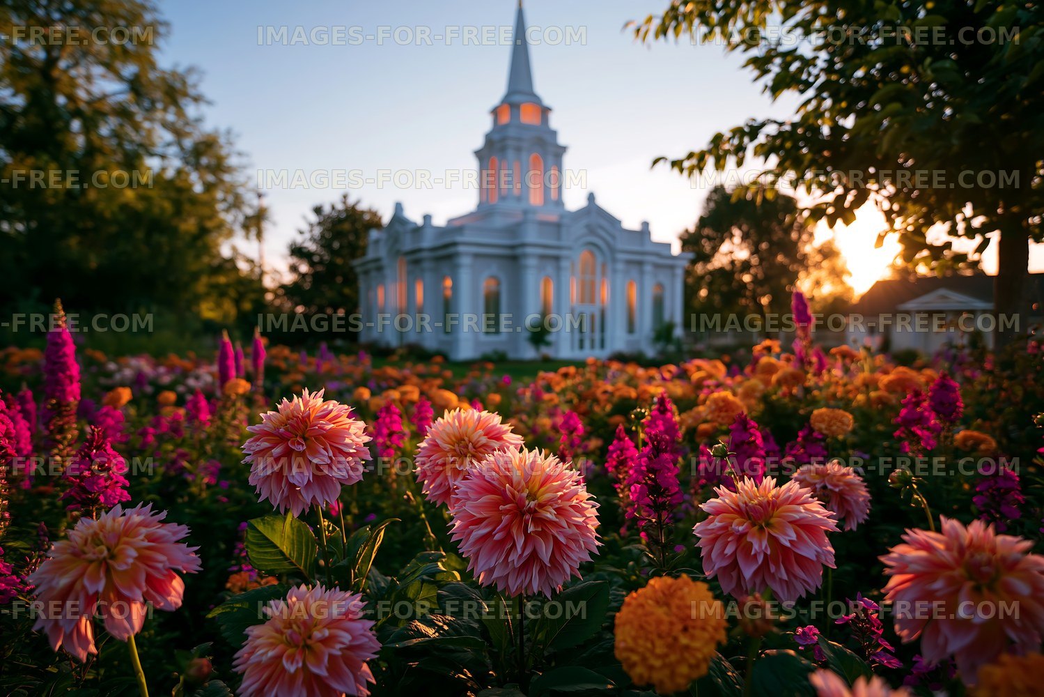 Colorful flowers bloom near a white church at sunset