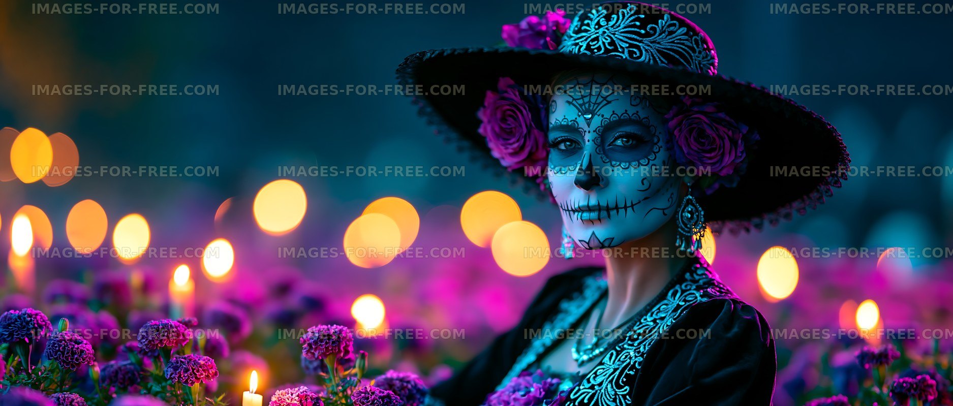 Woman in traditional dress with sugar skull makeup at night