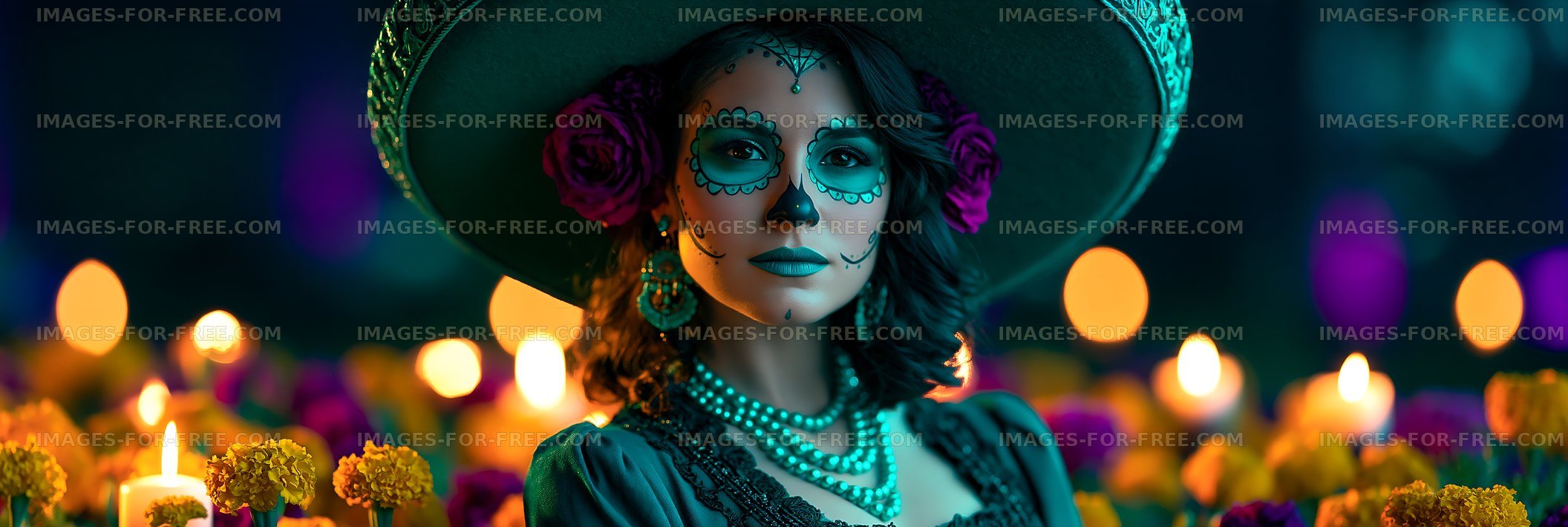 Woman with sugar skull makeup and floral decorations in a celebration