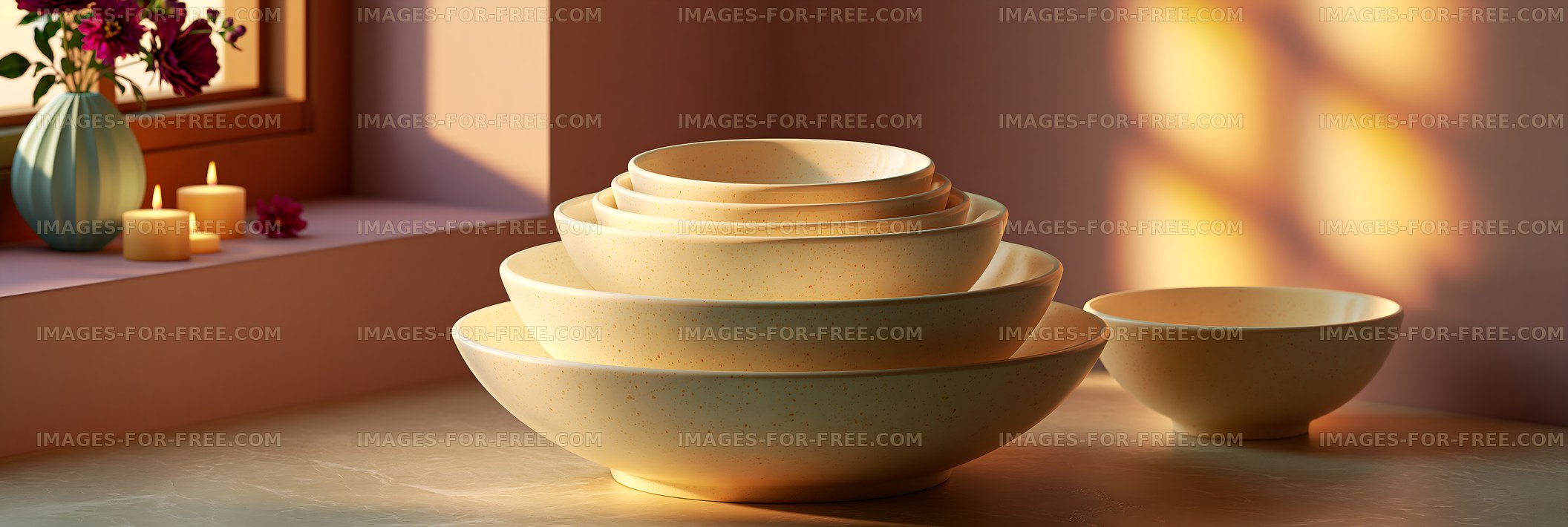 Stacked bowls on a table with soft lighting in a cozy room