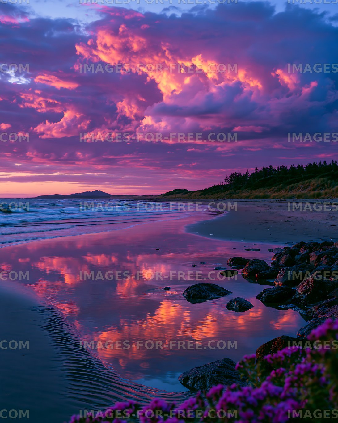 Colorful clouds over the beach at sunset with reflections in water