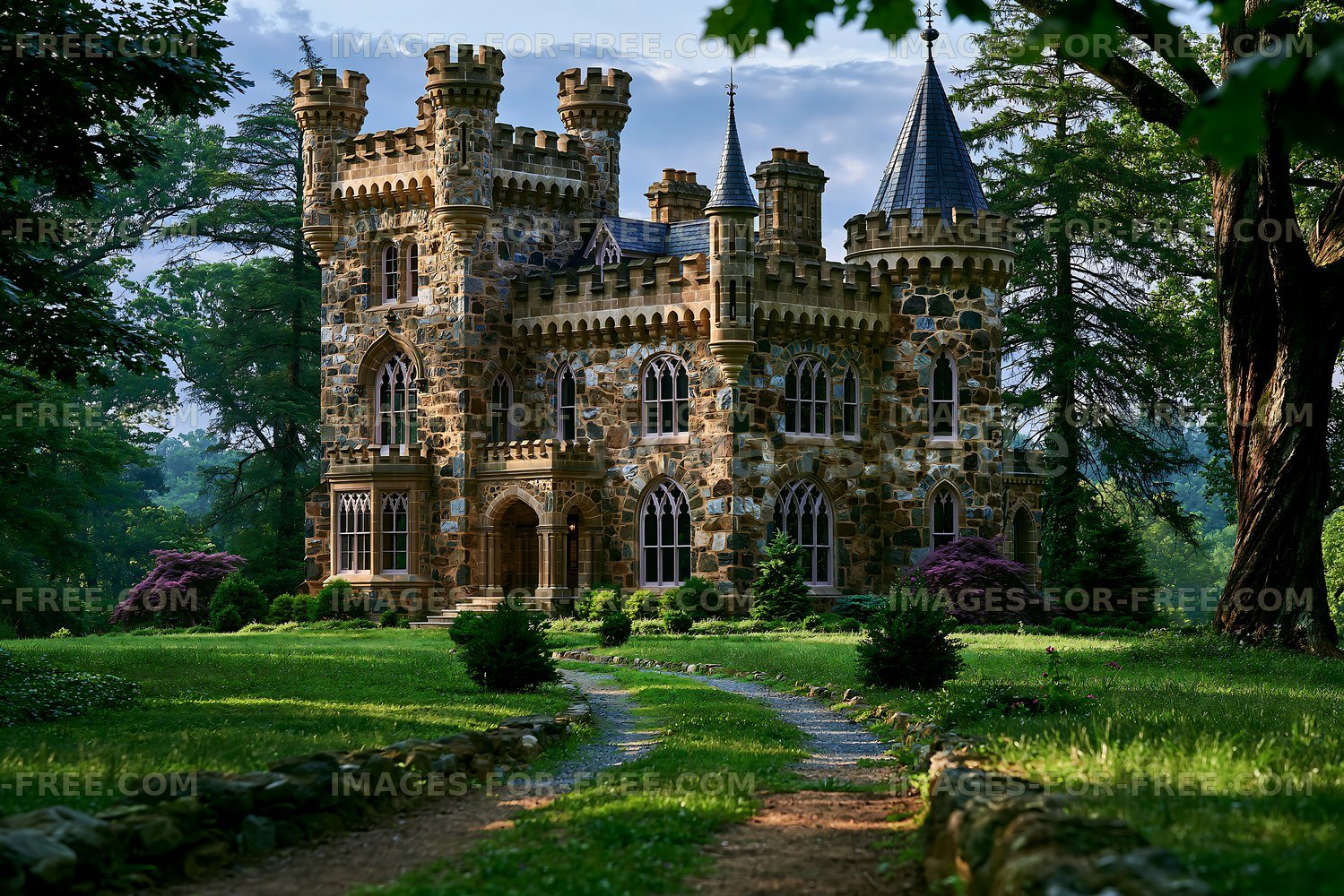 Beautiful castle surrounded by green trees and a walking path