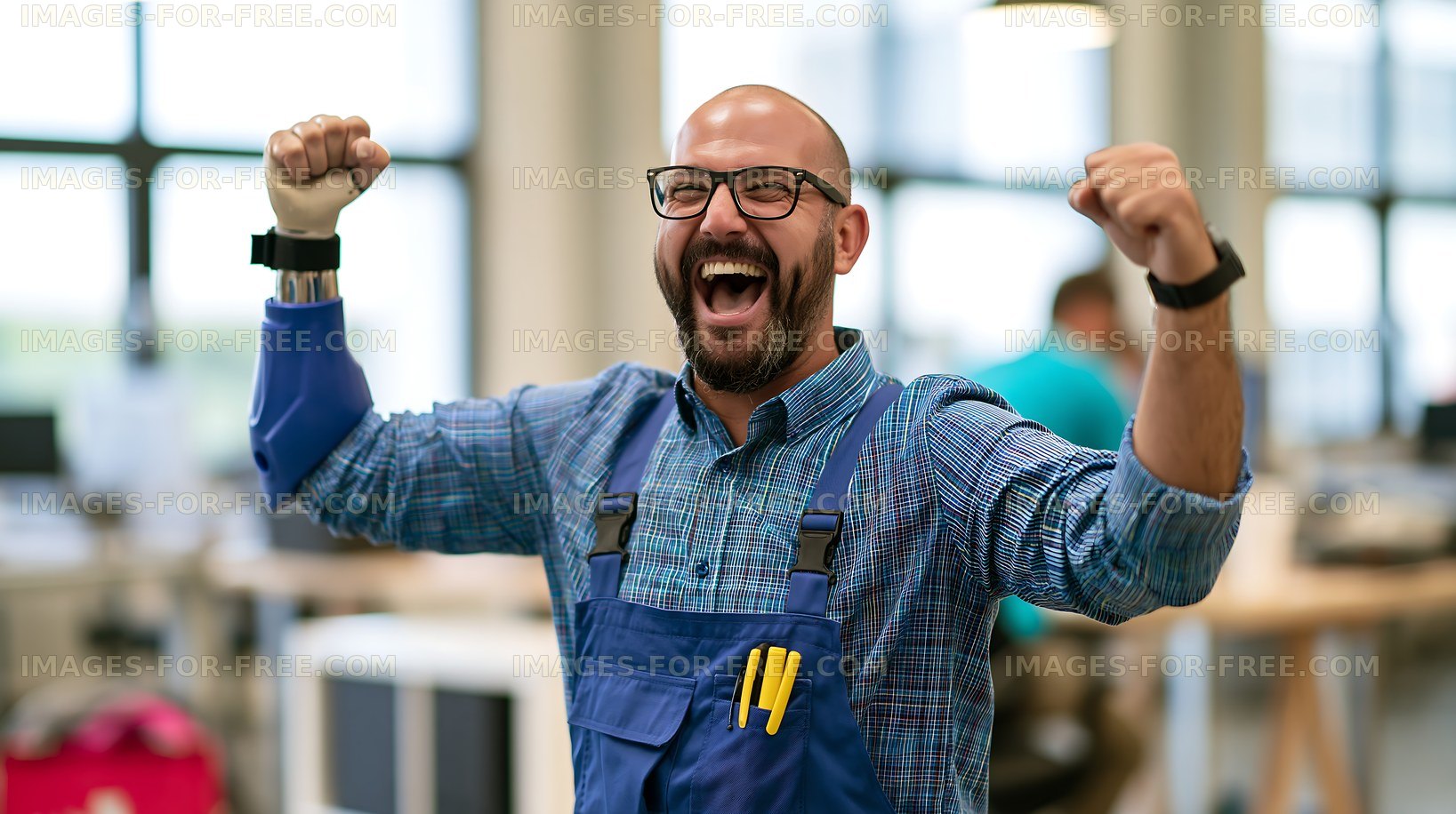 Worker celebrating success in a modern office setting
