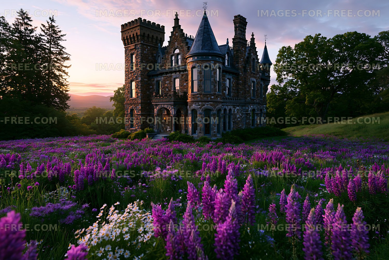 Old stone mansion surrounded by blooming flowers at sunset