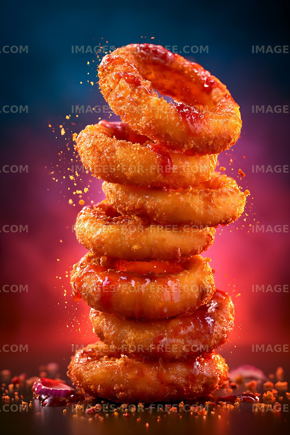 Stack of fried onion rings with sauce on a colorful background