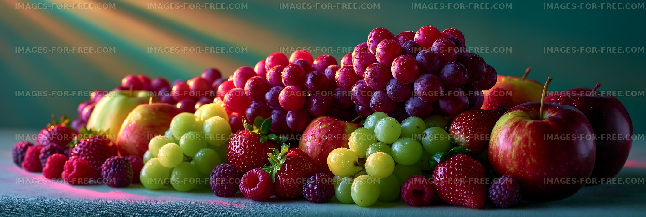 Fresh fruits arranged on a table with sunlight shining