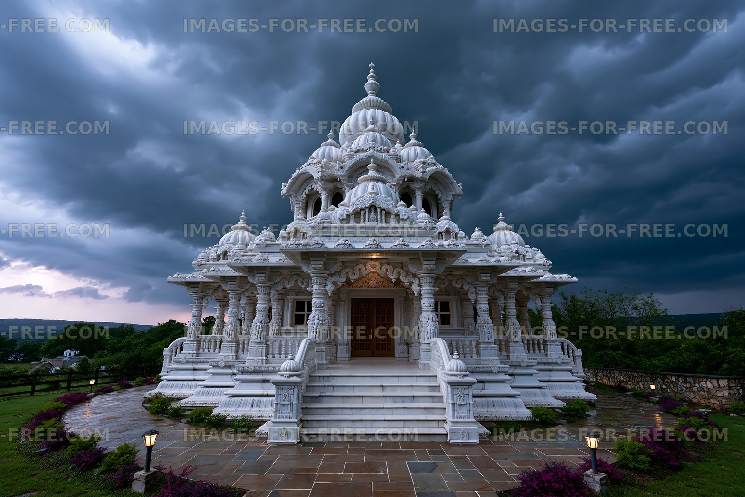 White stone temple stands under dark storm clouds