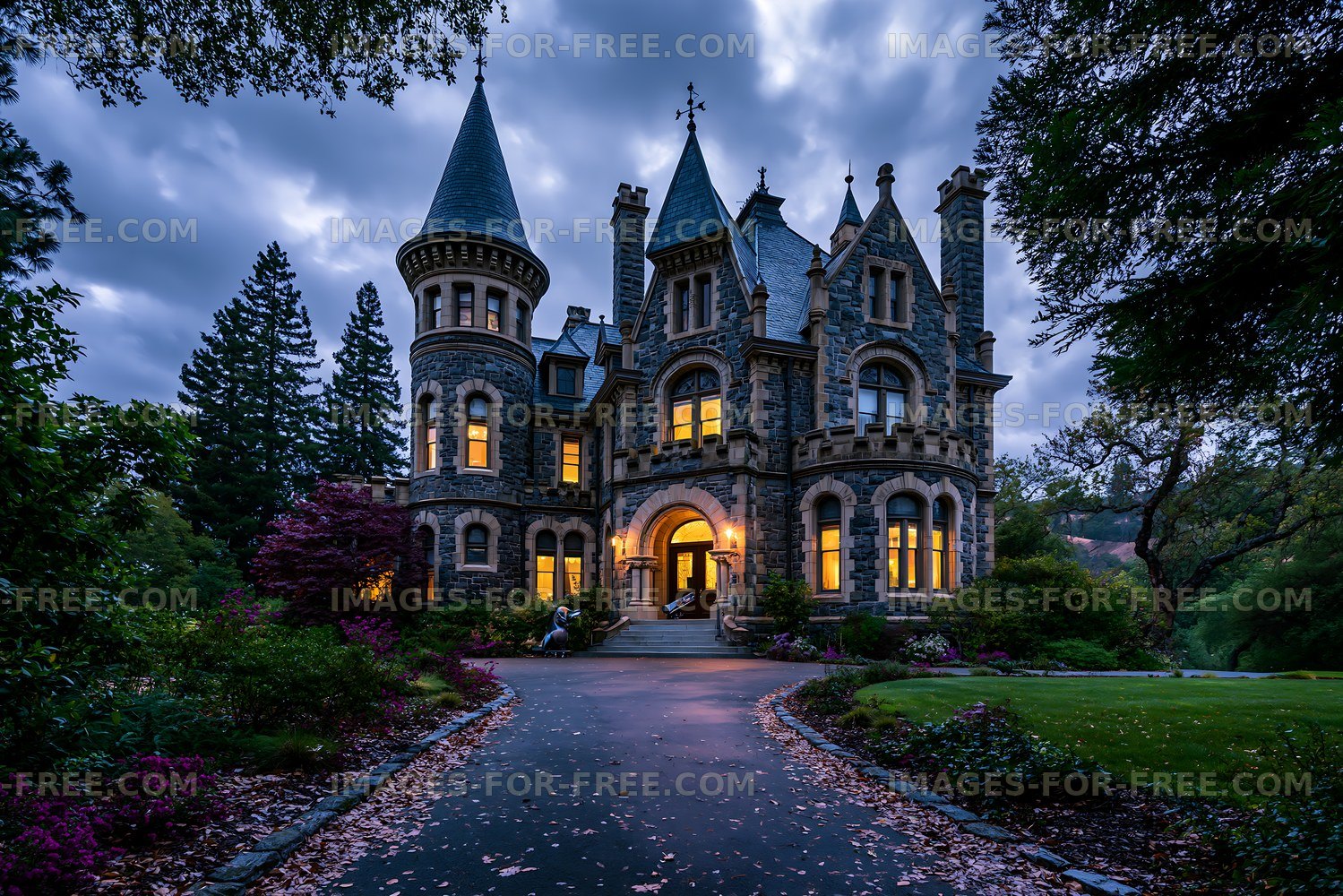 Historic stone mansion with tall towers and evening lights