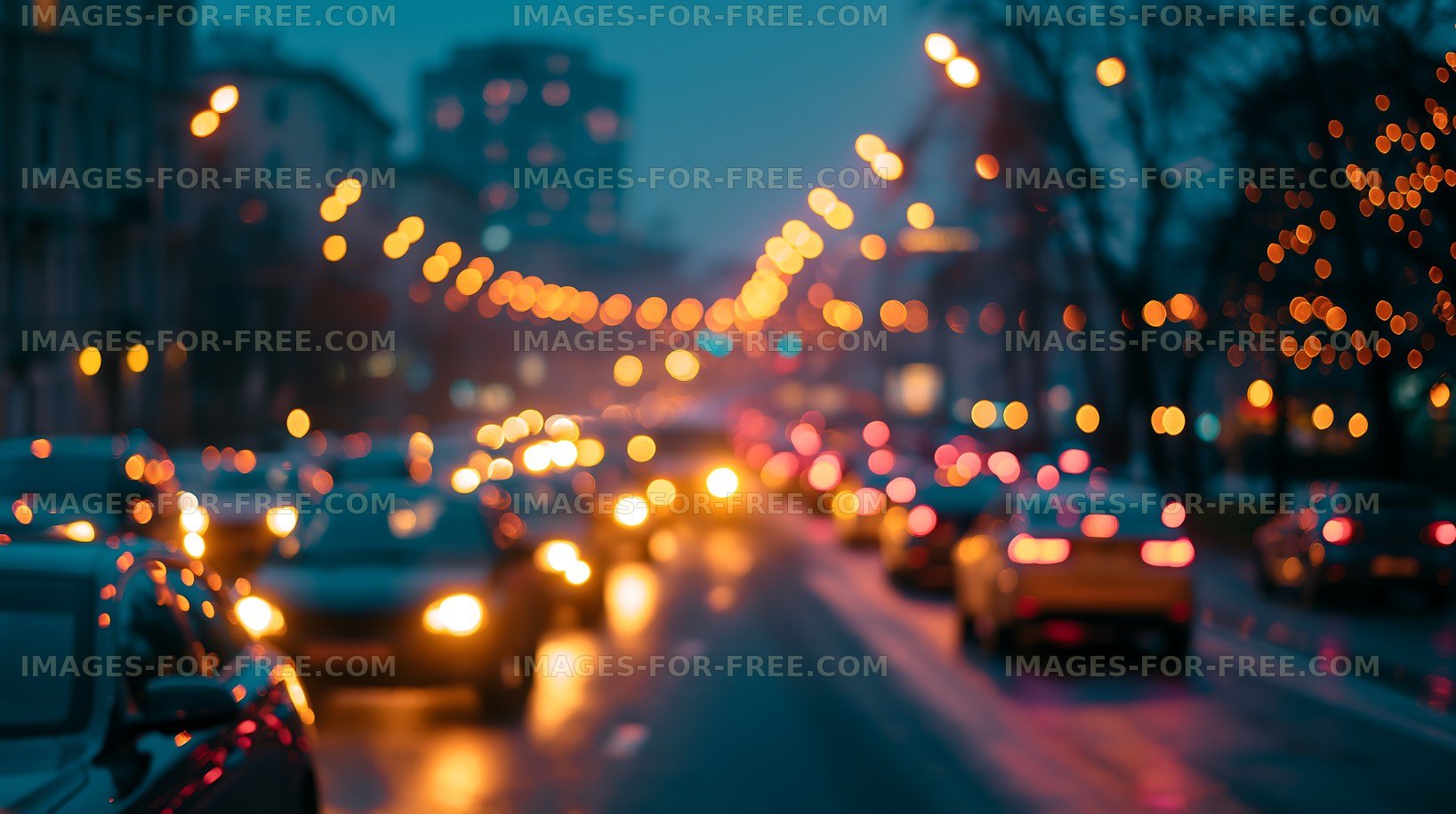 Evening street scene with traffic and blurred lights
