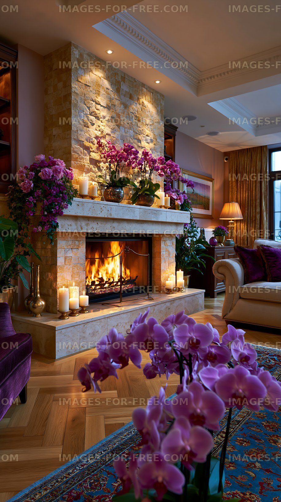 Cozy living room with fireplace and flowers in a warm setting