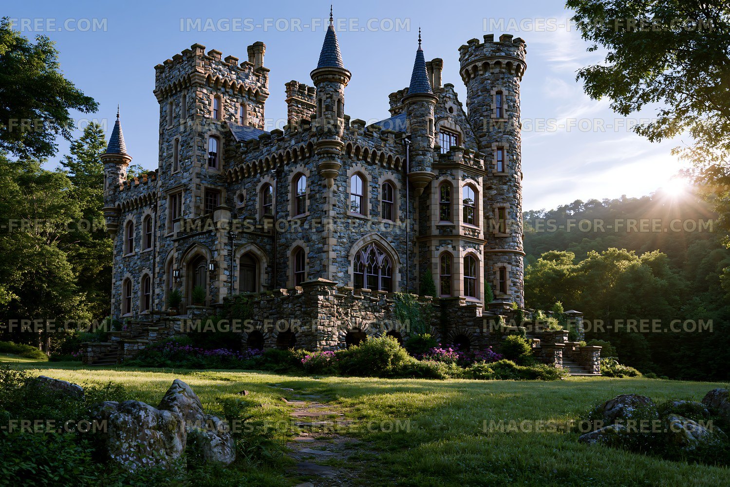 Historic castle with towers surrounded by green trees at sunset