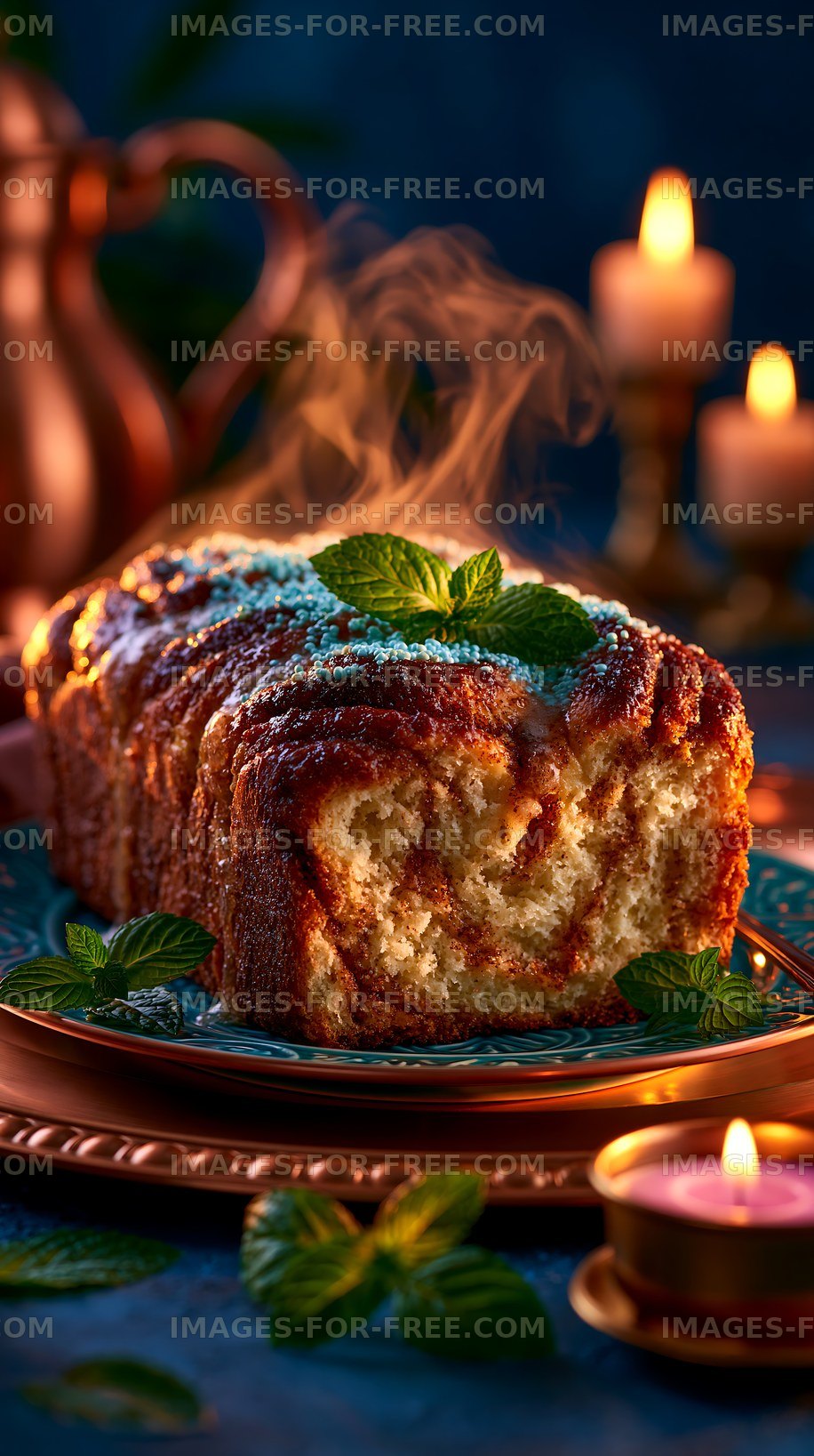 Freshly baked cake with mint leaves and steam on a table