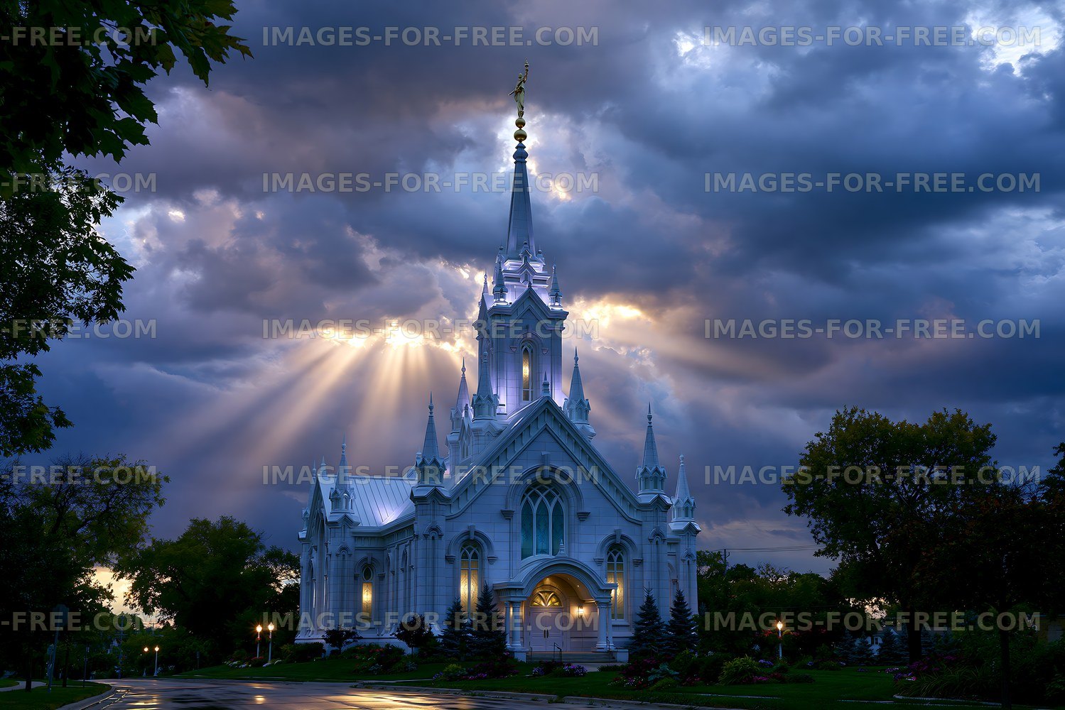 Church building under dramatic sky with sun rays