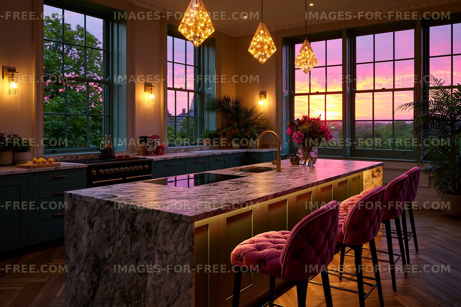 Modern kitchen with large windows at sunset