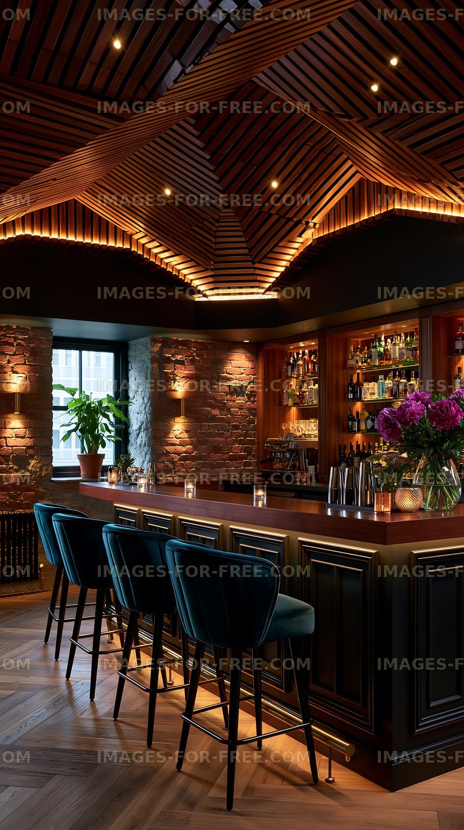 Stylish bar interior with wooden ceiling and bright lighting