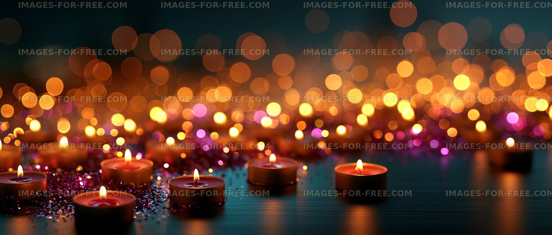 Candles and sparkling decorations on the table at night