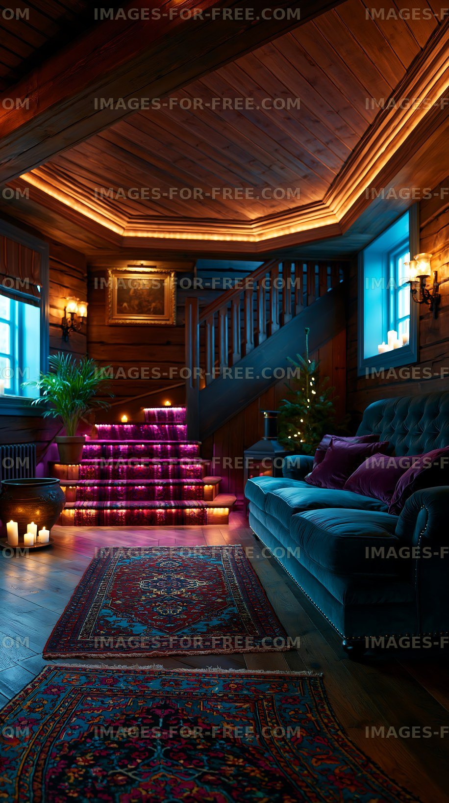 Cozy interior of a wooden cabin with stairs and soft lighting