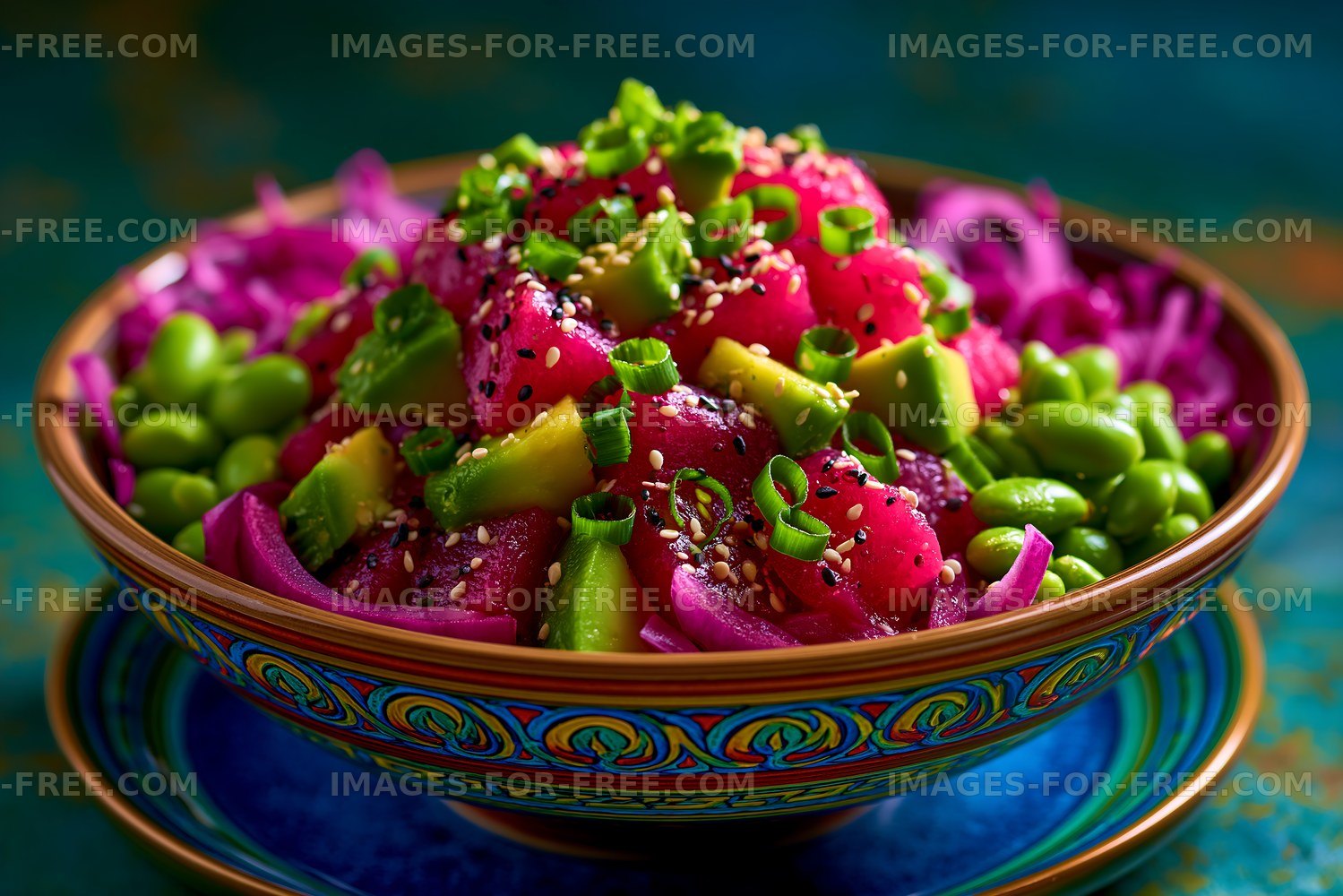 Colorful bowl of poke salad with fresh ingredients