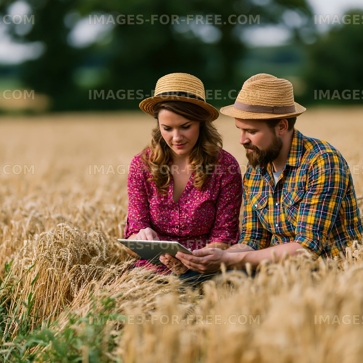 Couple using tablet in a wheat field during sunny weather