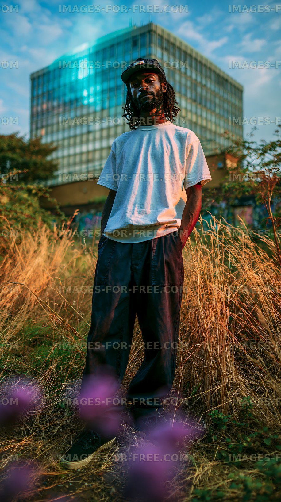 Man standing in tall grass near a building at sunset