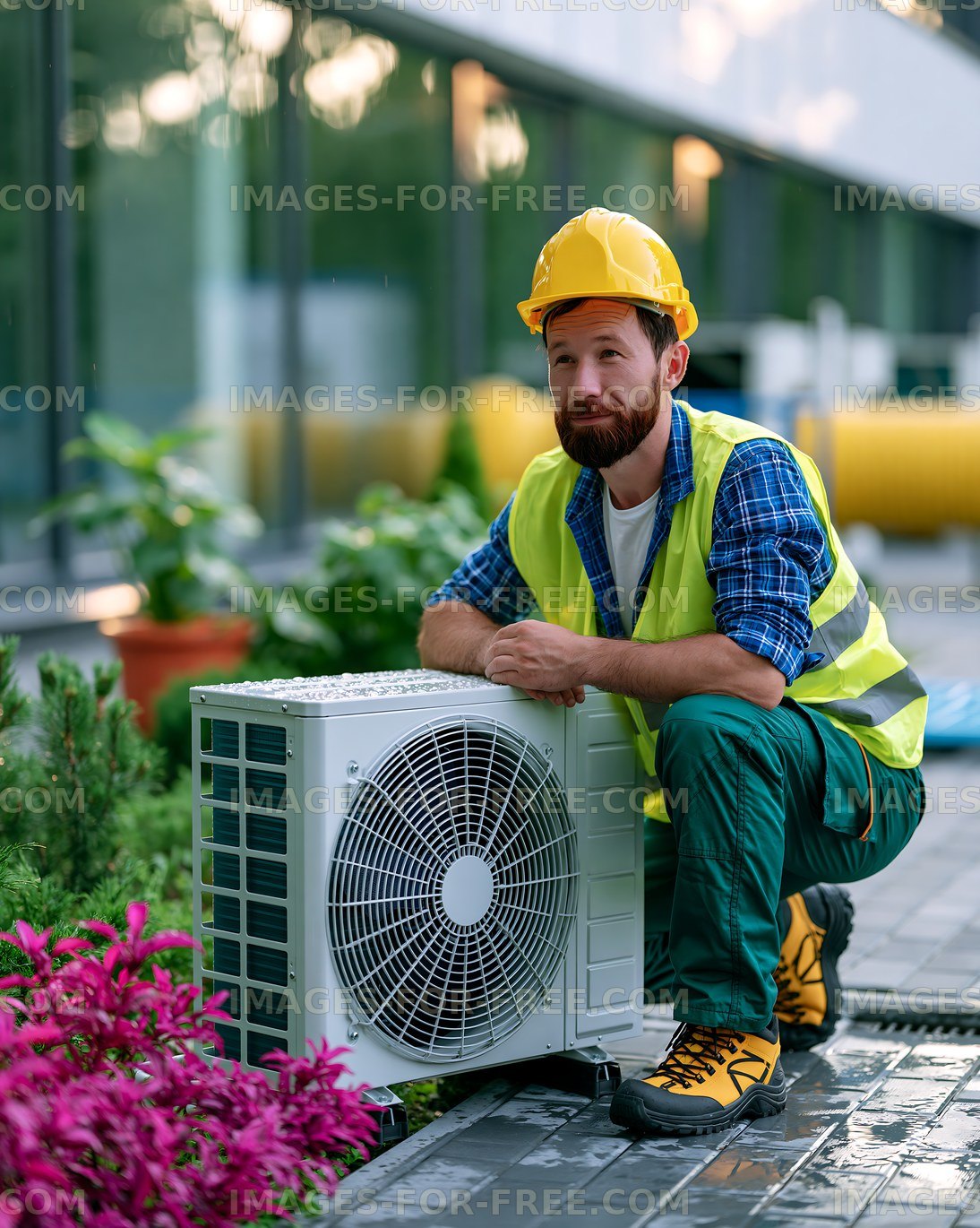 Worker installs air conditioning unit outside a building