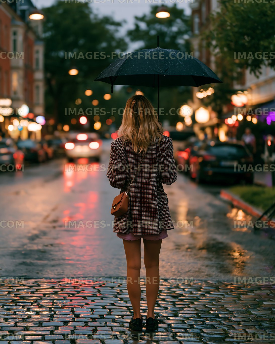 Woman with umbrella on rainy street during evening