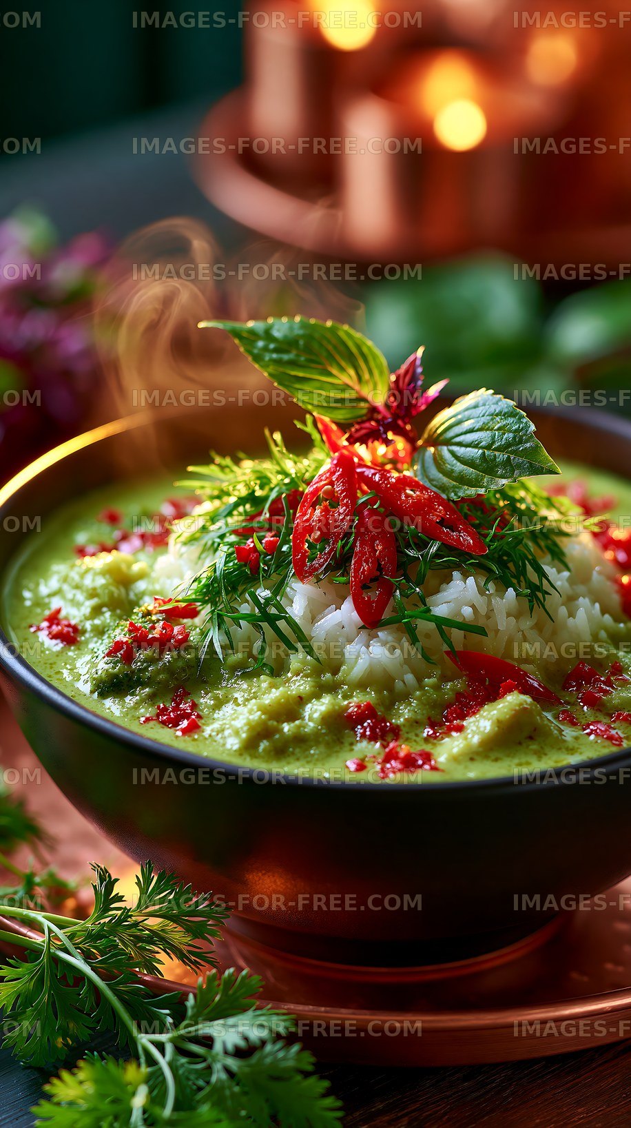 Green curry with rice garnished with herbs and chili