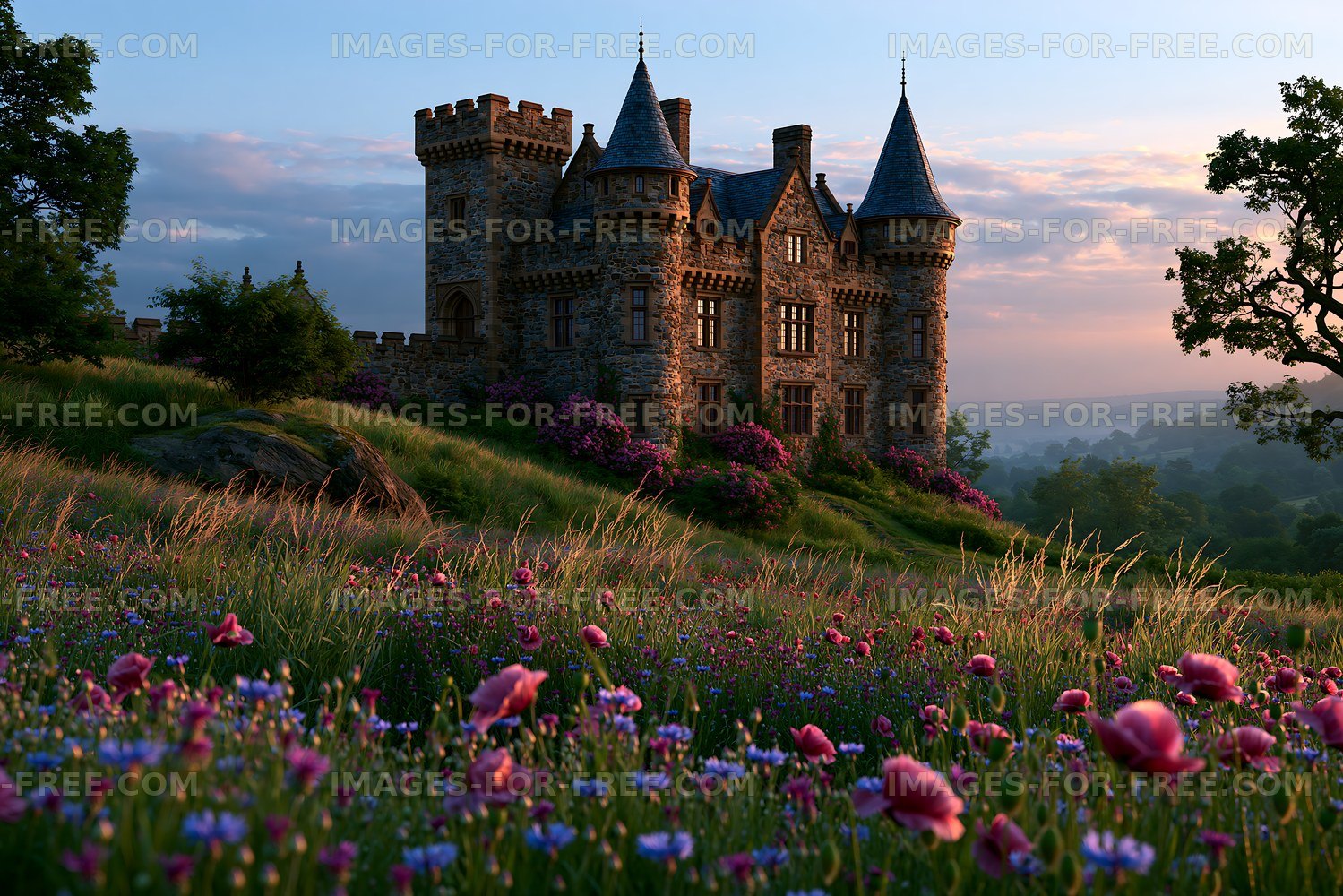 Castle surrounded by flowers at sunset in a rural landscape