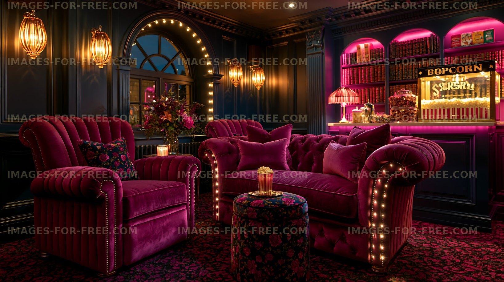 Cozy lounge area with pink furniture and popcorn stand at night