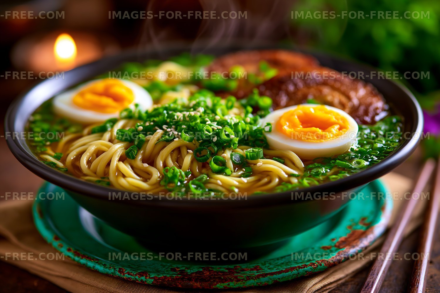 Delicious bowl of ramen with eggs and green onions