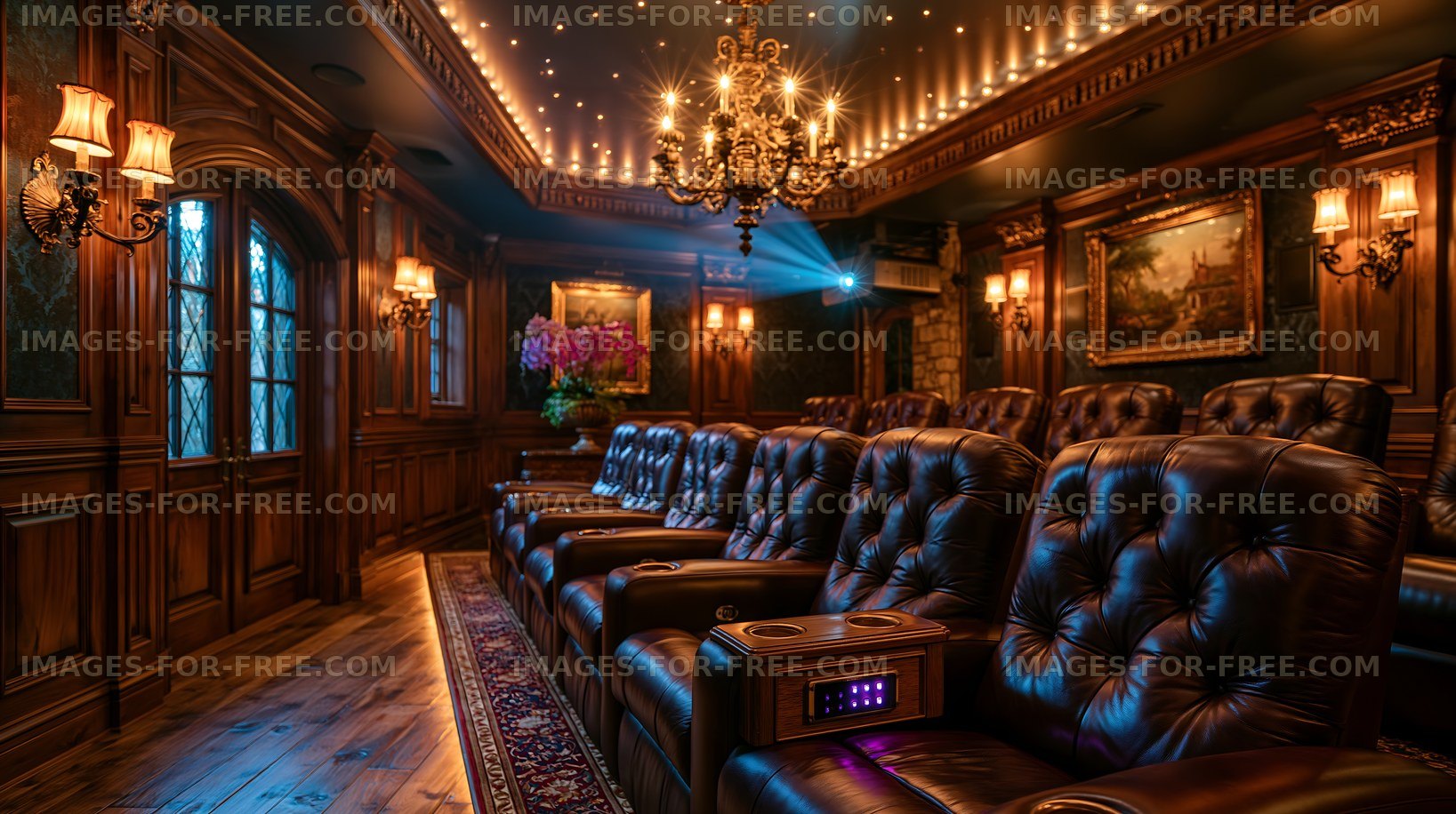 Cozy home theater with leather seats and elegant lighting
