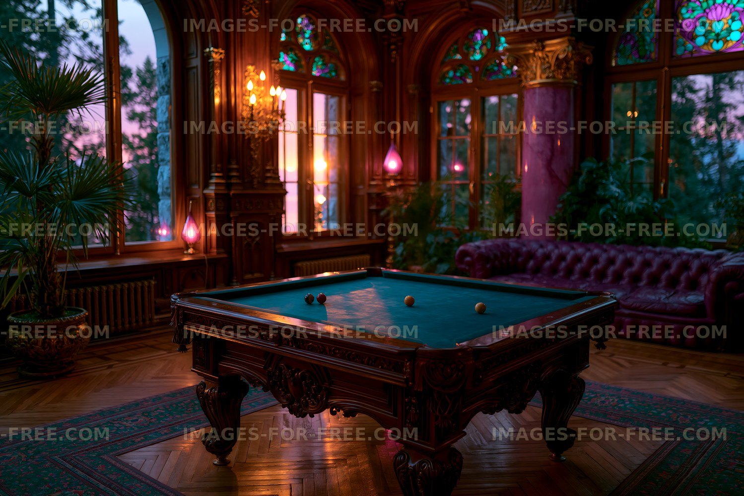 Elegant billiard table in a vintage room at sunset