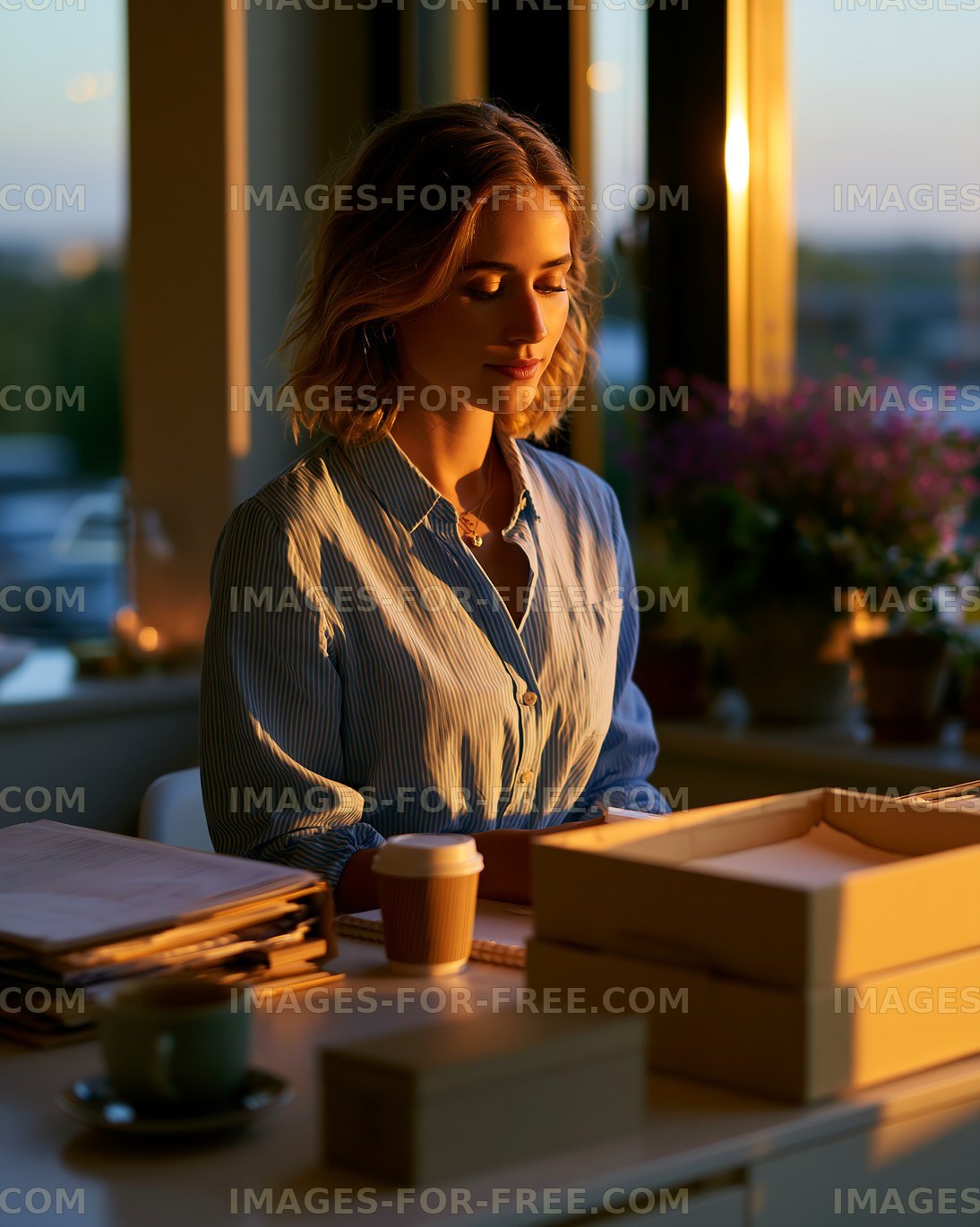 Woman working at a desk during sunset in a cozy office