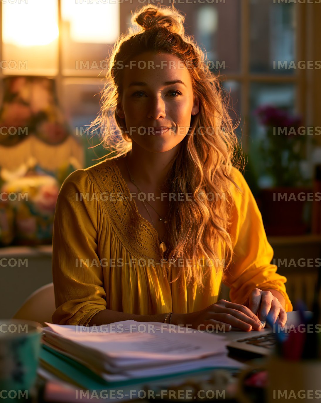 Woman working on a project while sitting at a desk in soft light
