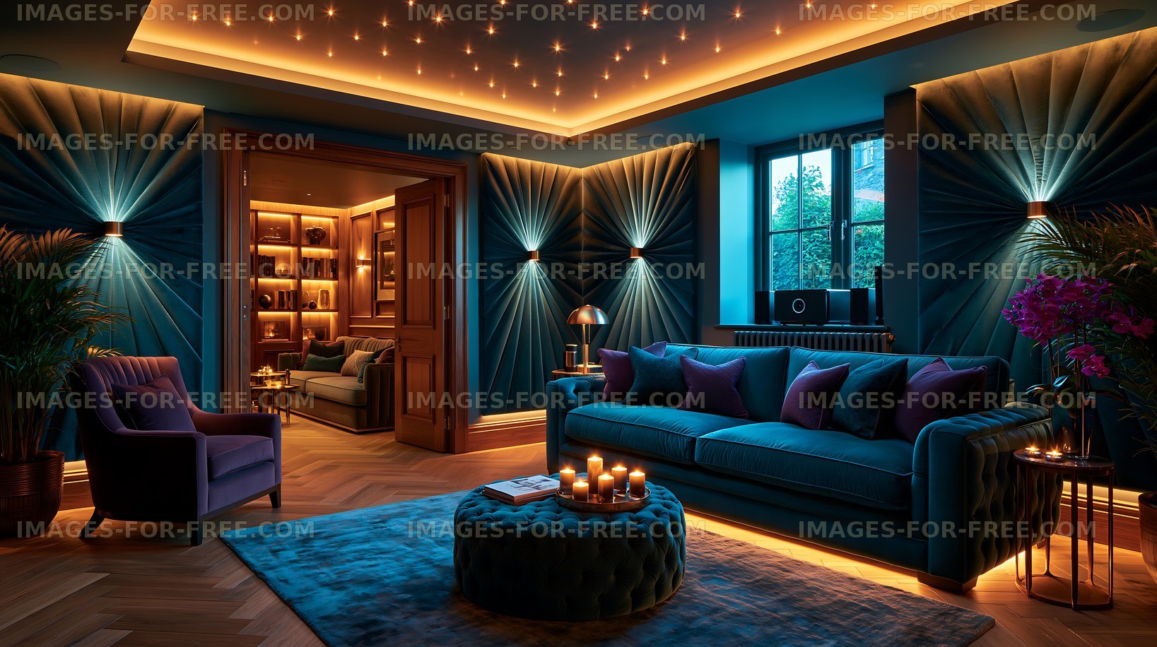 Elegant living room with blue tones and soft lighting
