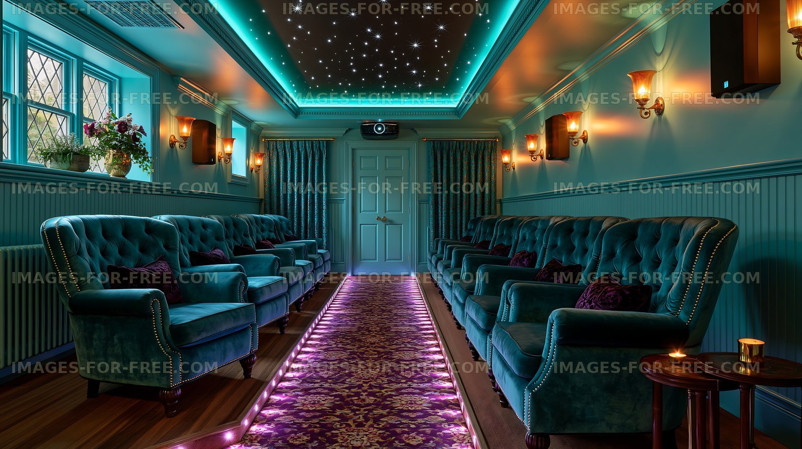 Cozy private screening room with velvet seating and ambient lighting