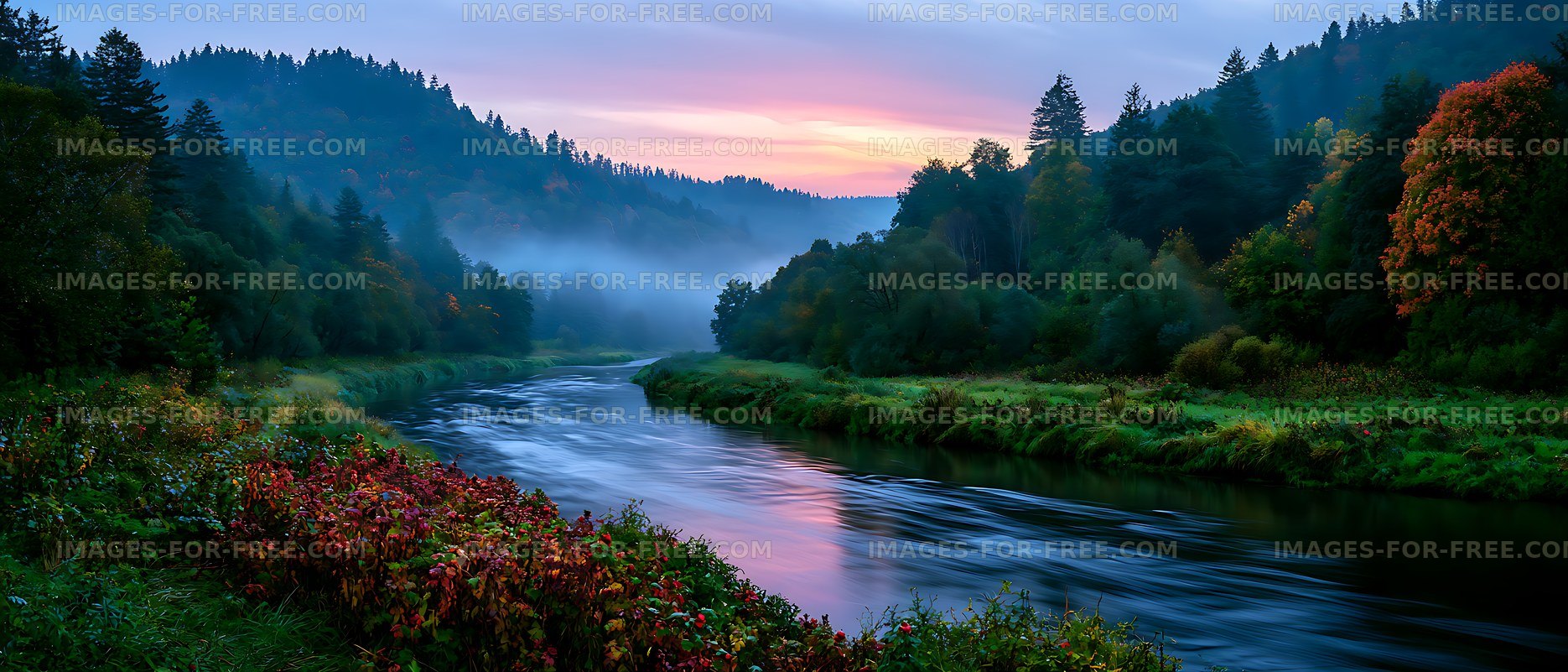 River flows through forested hills under dawn sky