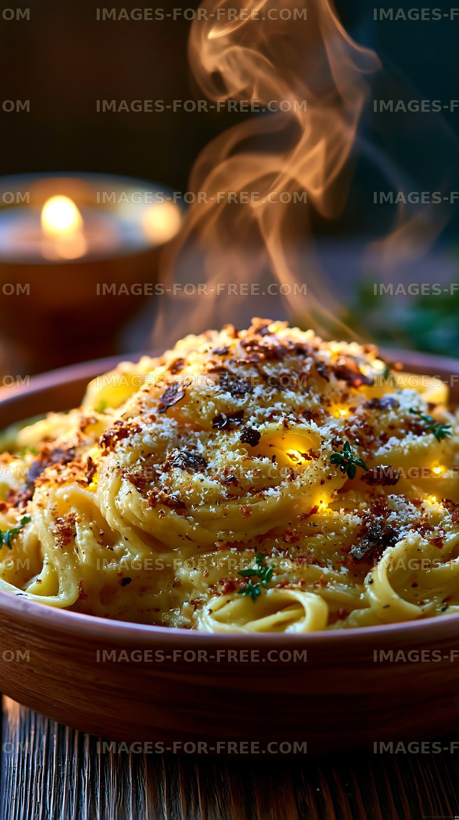 Steaming bowl of pasta with garnish served at a cozy table