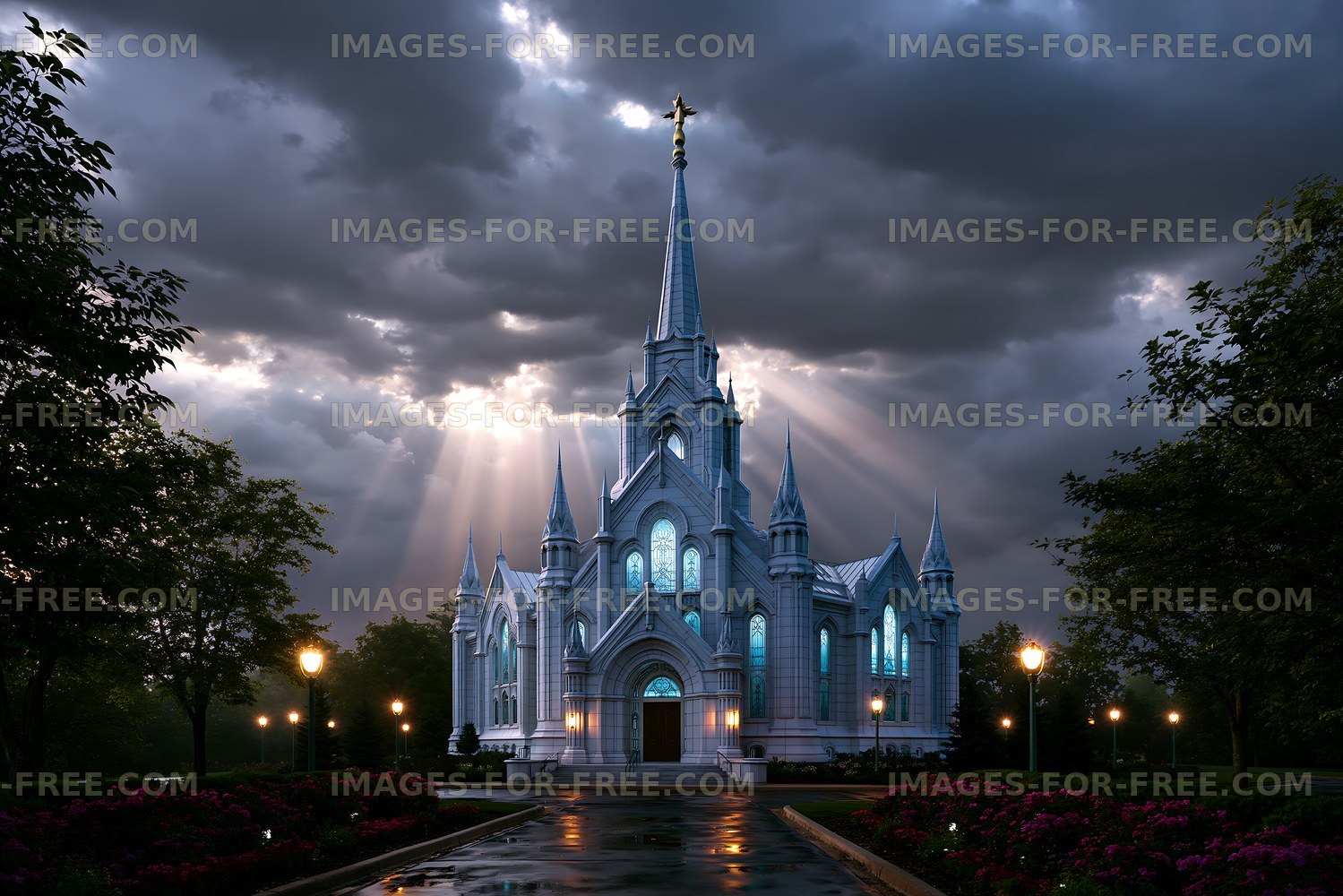 Stunning church with gothic architecture under dramatic sky