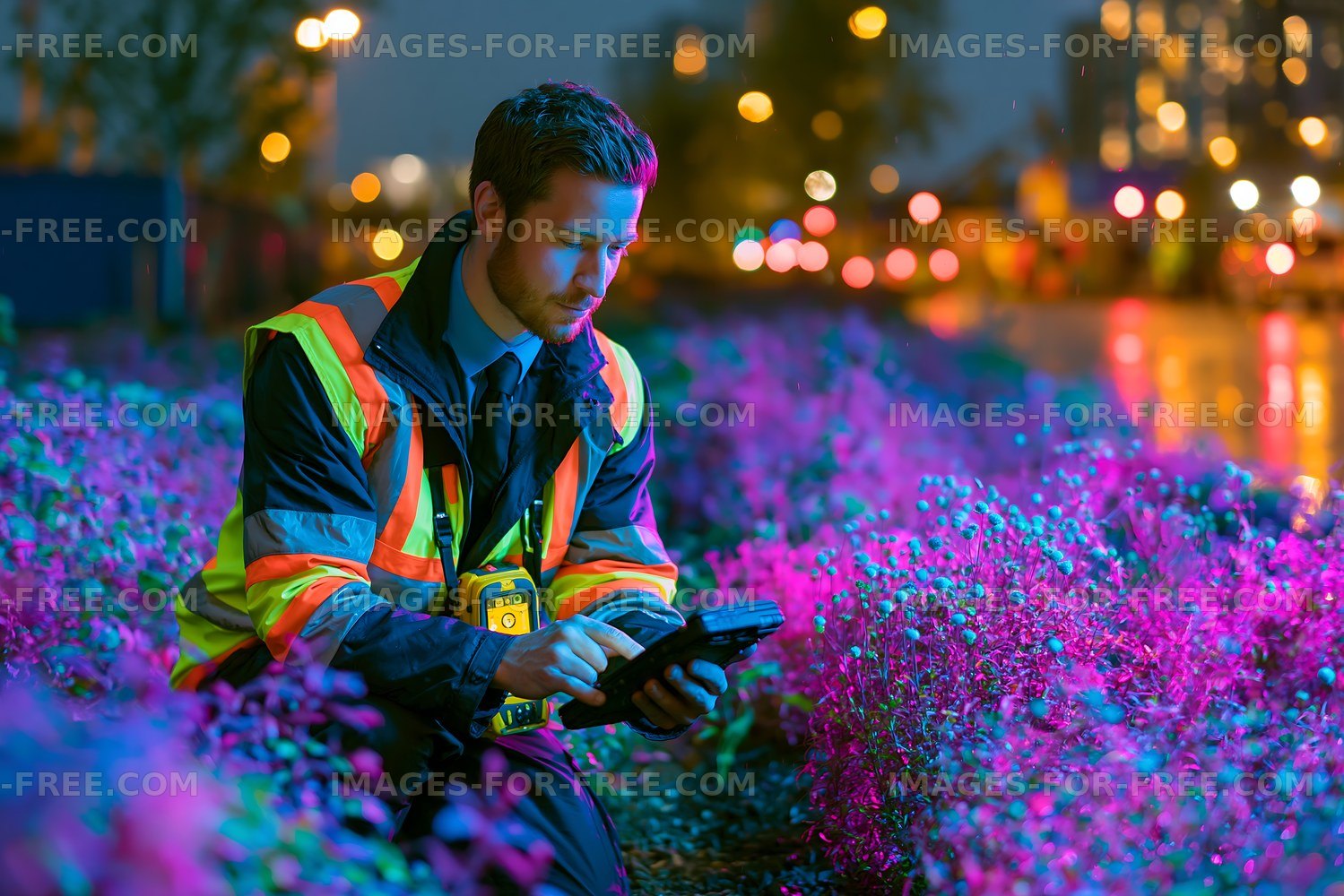 Worker checks device near flowers at night in a city