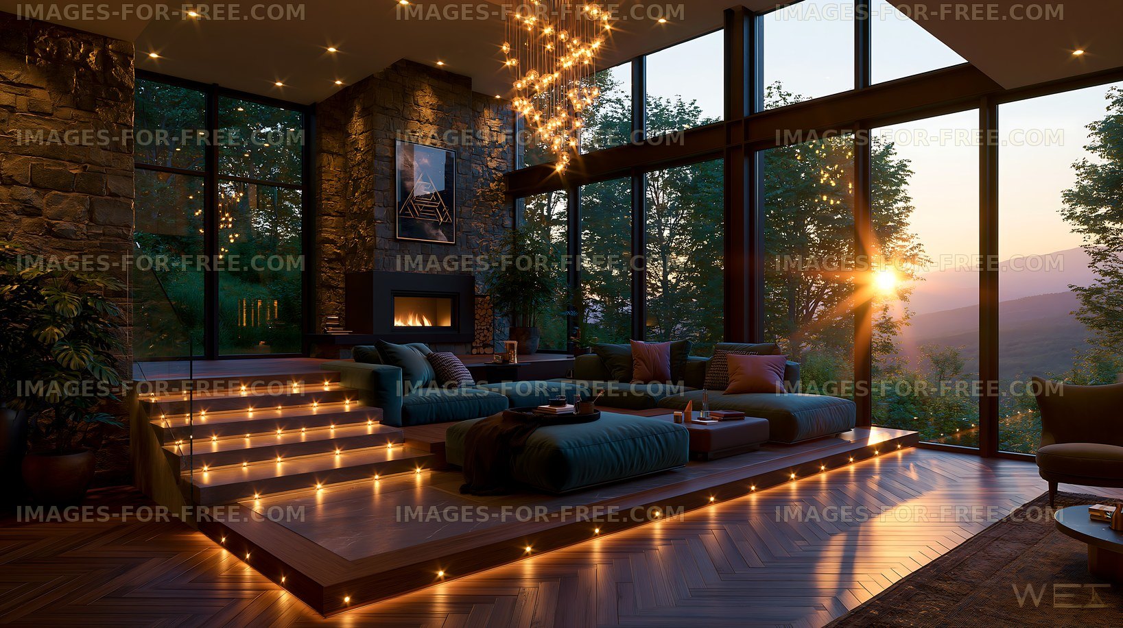 Cozy living room with large windows and sunset view
