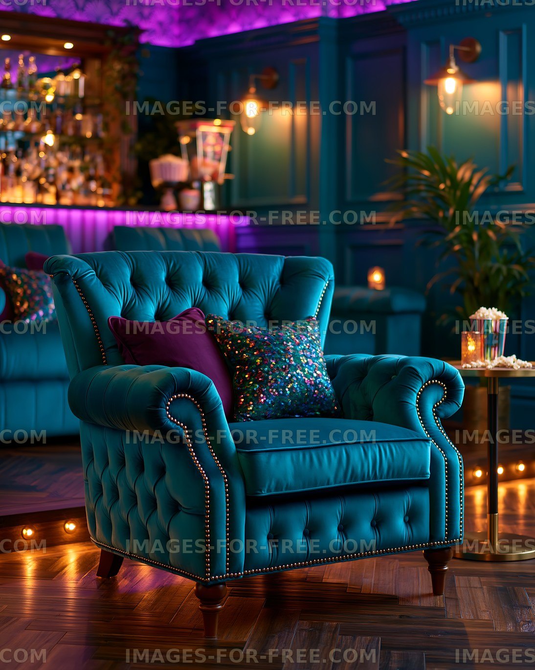 Cozy teal armchair in a vibrant bar with purple lighting